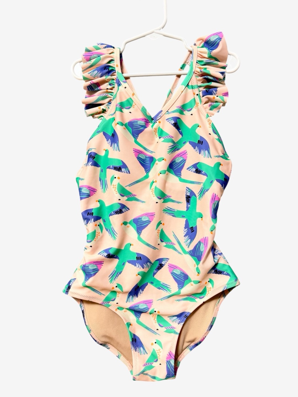 Tea Collection Girls Ruffle One Piece Swimsuit Size 12 Pink Bird Print